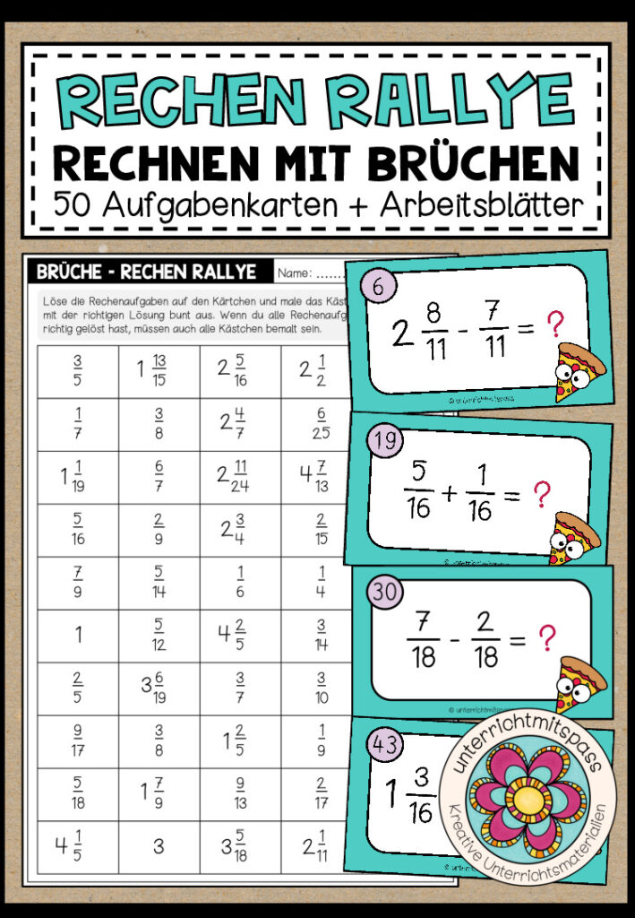 RECHEN RALLYE (Brüche) – 50 Kärtchen + Arbeitsblätter