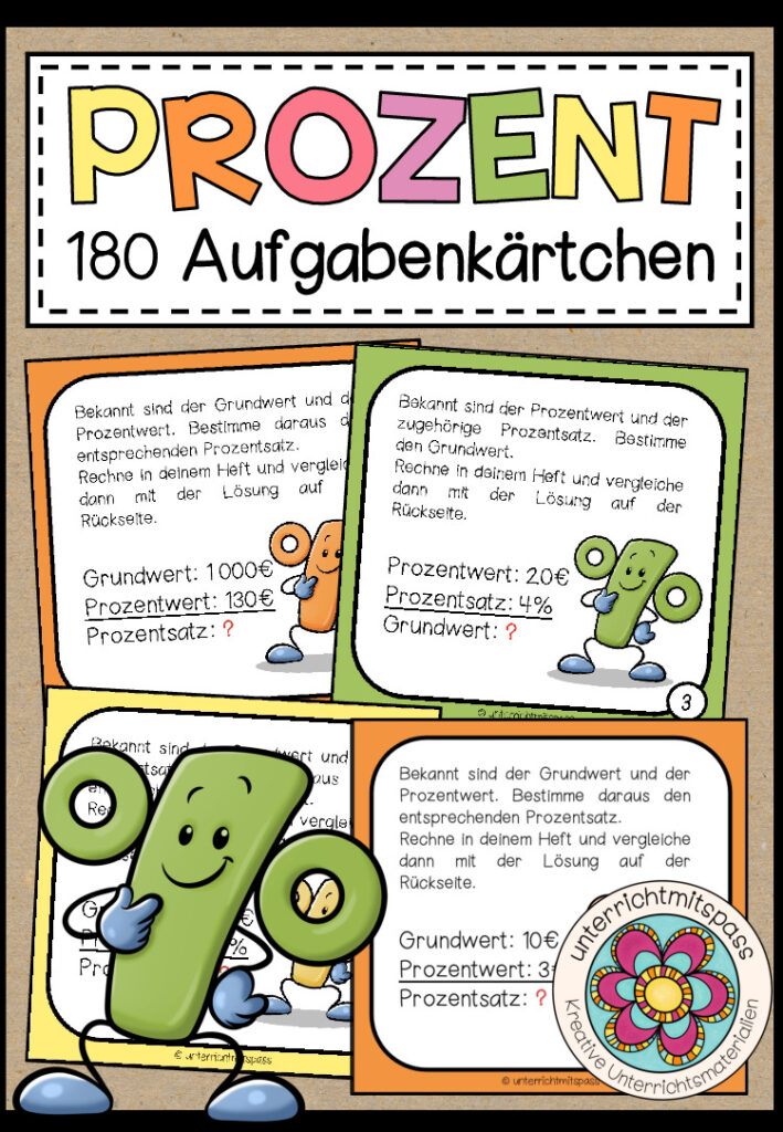 PROZENT (Prozentrechnung) – 180 Aufgabenkärtchen
