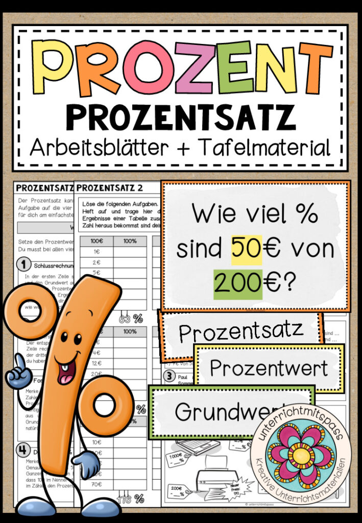 PROZENTSATZ (Prozentrechnung) – Arbeitsblätter + Tafelmaterial