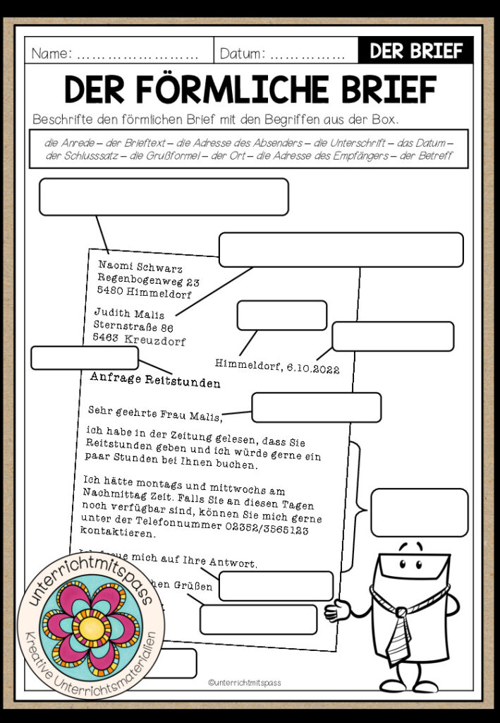 BRIEFE – Der Aufbau / Die Bestandteile eines förmlichen Briefs (Arbeitsblatt)