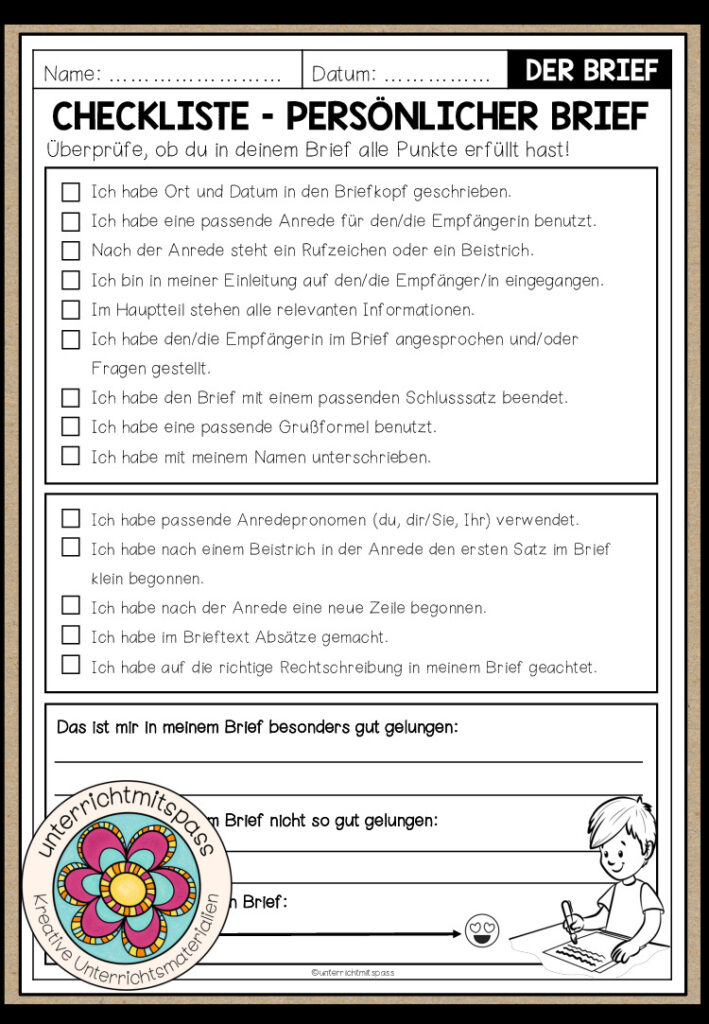 BRIEFE – Checkliste für das Schreiben von persönlichen Briefen (2-fach differenziert)