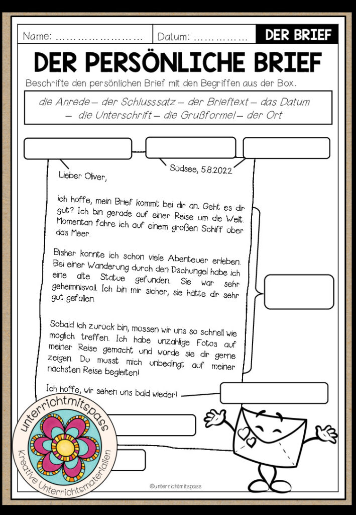 BRIEFE – Der Aufbau / die Bestandteile des persönlichen Briefs (Arbeitsblatt)