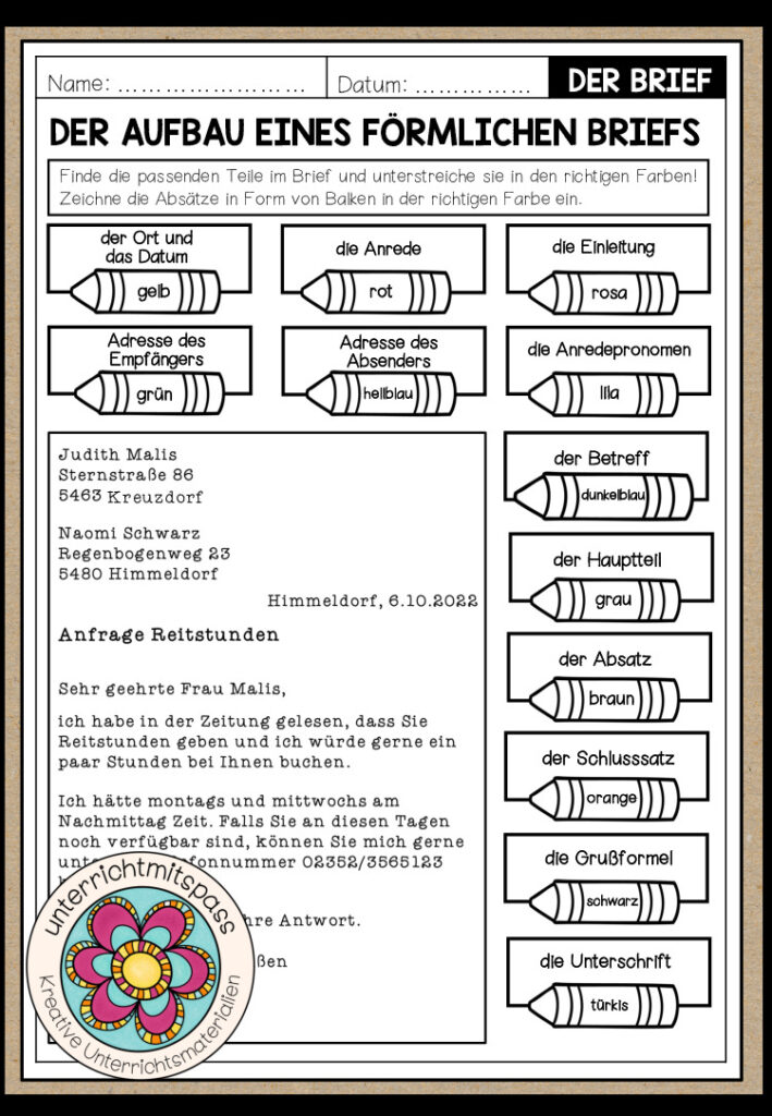 BRIEFE – Der Aufbau eines förmlichen Briefs (Arbeitsblatt)