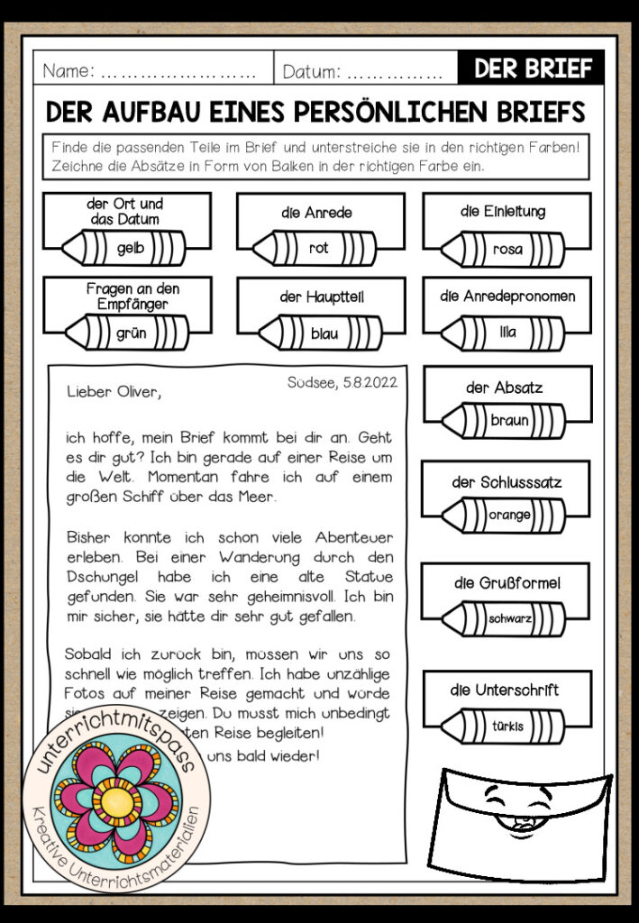 BRIEFE – Der Aufbau eines persönlichen Briefs (Arbeitsblatt)