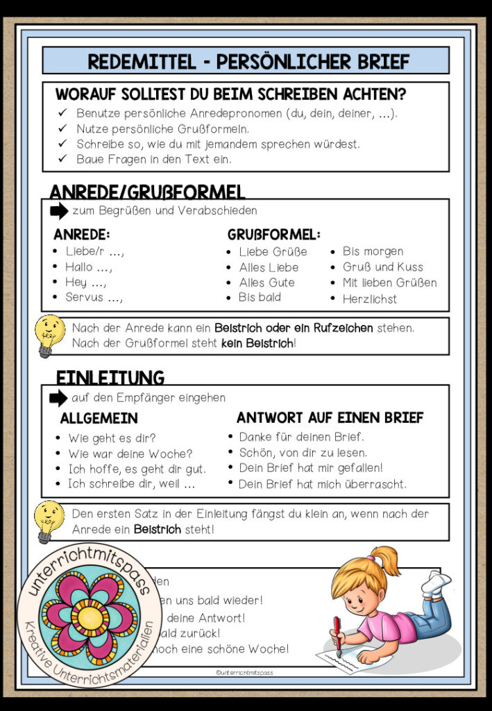 BRIEFE – Der persönliche Brief – Redemittel (Merkblatt)