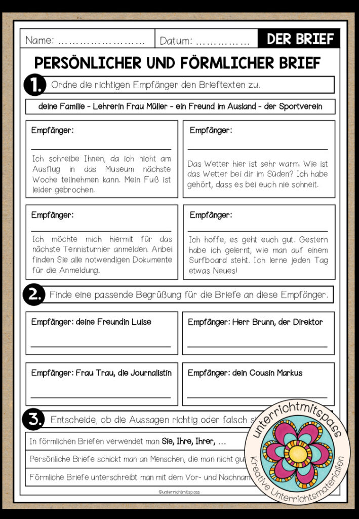 BRIEFE – Unterschiede persönlicher und förmlicher Brief (Arbeitsblatt 2)