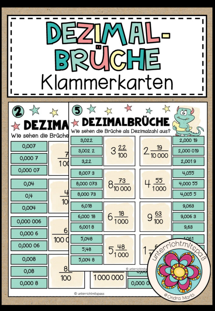 DEZIMALZAHLEN (Dezimalbrüche) – 5 Klammerkarten