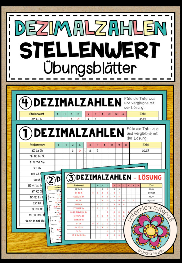 DEZIMALZAHLEN (Stellenwert) – 4 Übungsblätter