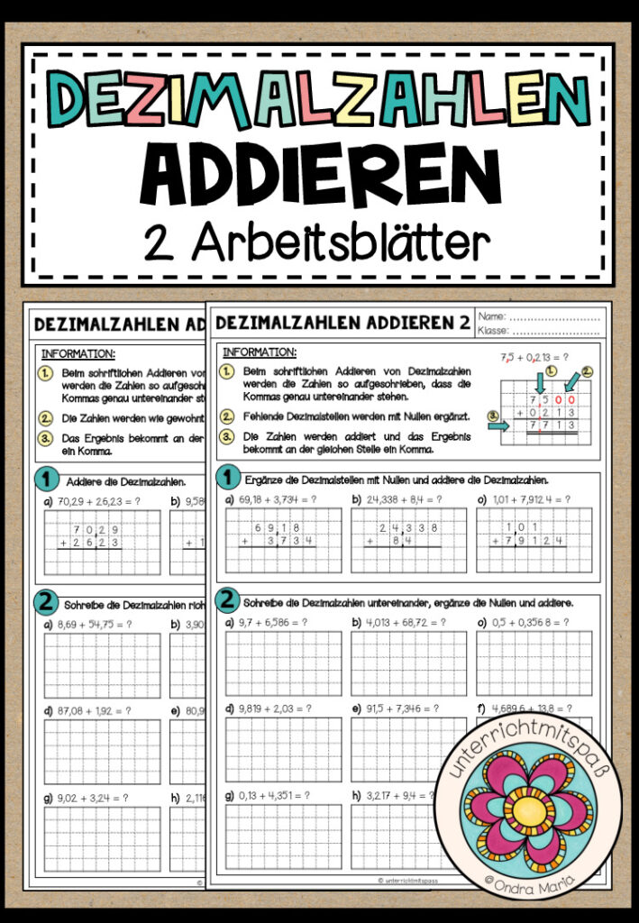 DEZIMALZAHLEN ADDIEREN – 2 Arbeitsblätter