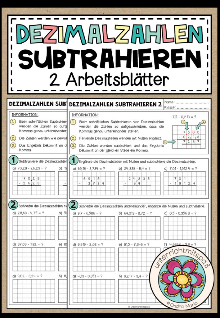 DEZIMALZAHLEN SUBTRAHIEREN – 2 Arbeitsblätter