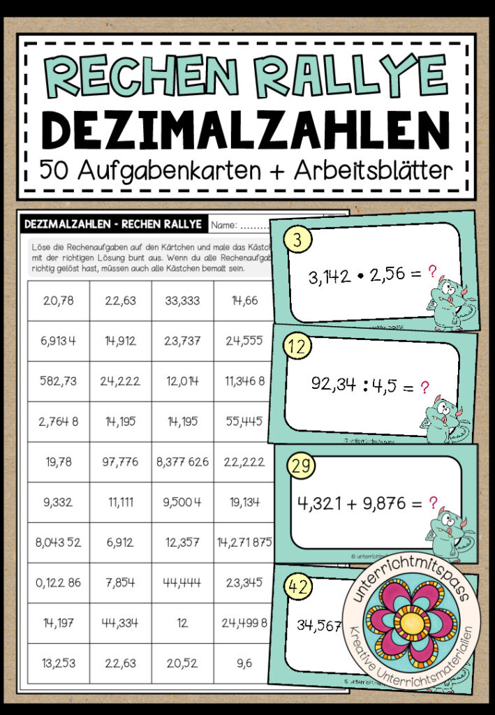 RECHEN RALLYE (Dezimalzahlen) – 50 Kärtchen + Arbeitsblätter