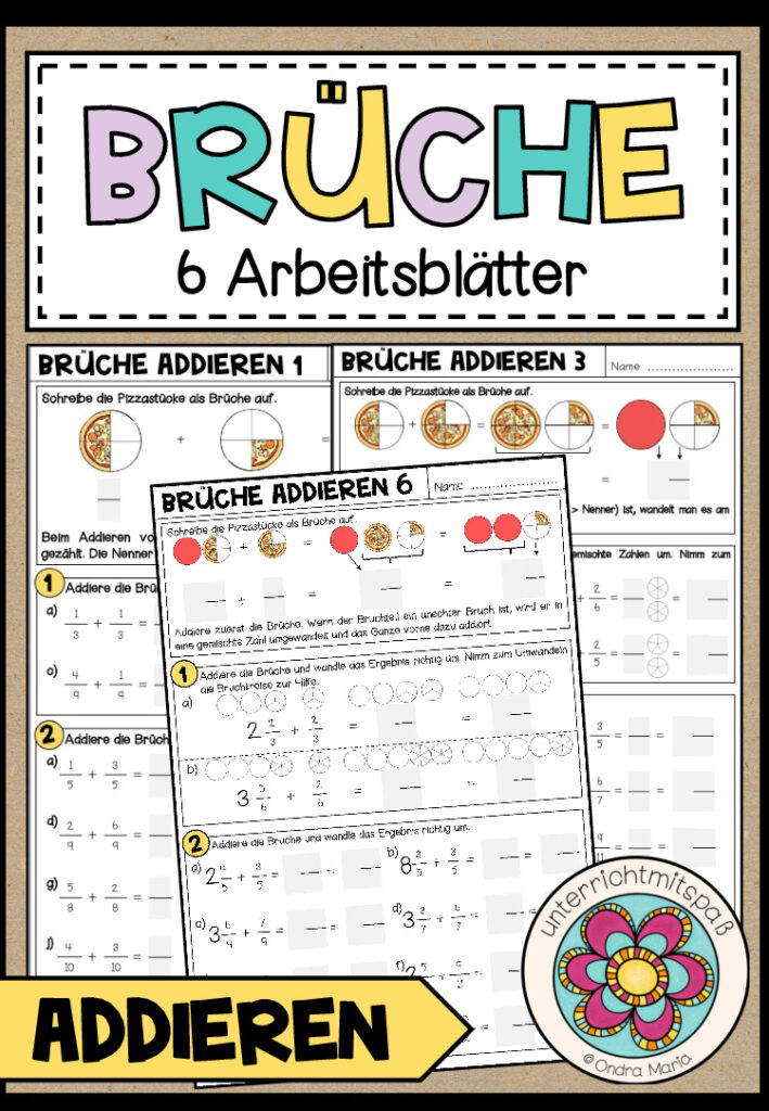 BRÜCHE – Addition (6 Arbeitsblätter)