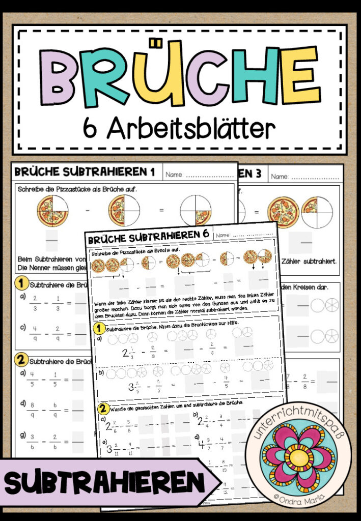 BRÜCHE – Subtraktion (6 Arbeitsblätter)