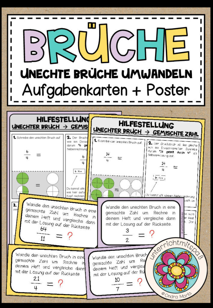 BRÜCHE – Unechte Brüche umwandeln (Aufgabenkärtchen + Poster)