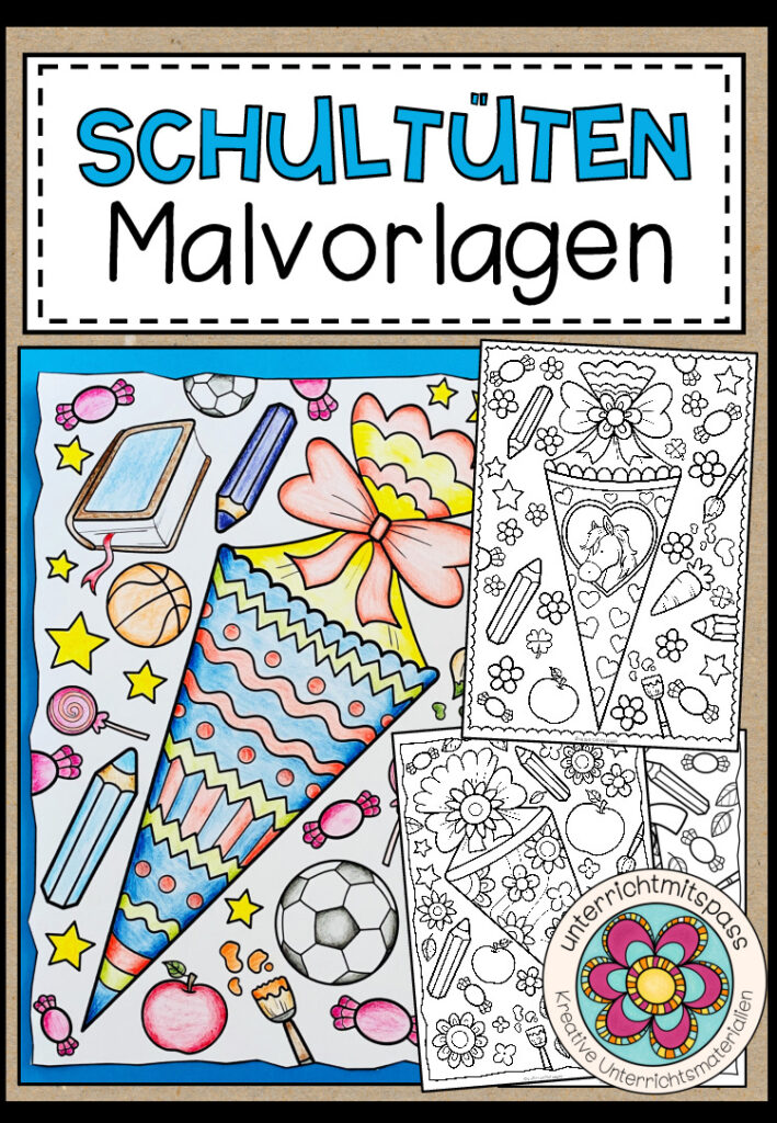 Schultüten – 12 Ausmalbilder (2 Versionen)