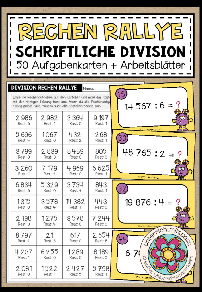 RECHEN RALLYE (Division mit Rest 1) – 50 Kärtchen + Arbeitsblätter