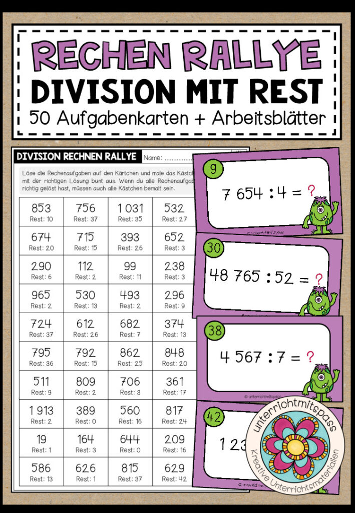 RECHEN RALLYE (Division mit Rest 2) – 50 Kärtchen + Arbeitsblätter