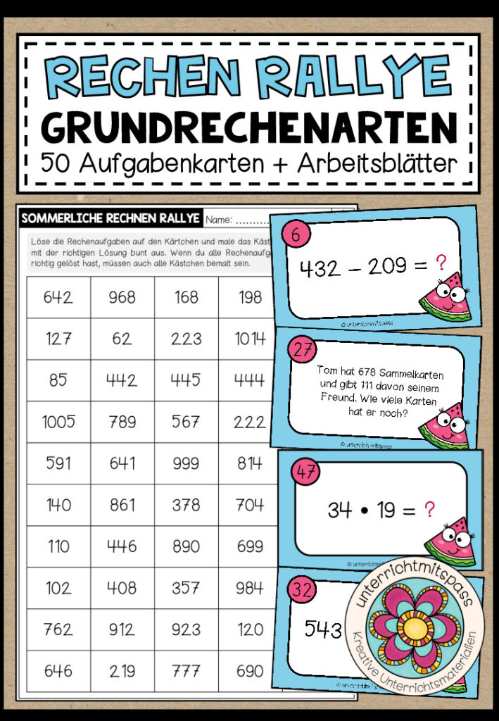RECHEN RALLYE (Grundrechenarten) – 50 Kärtchen + Arbeitsblätter