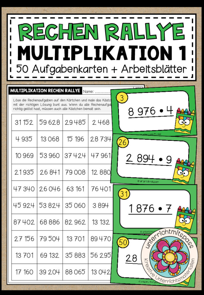 RECHEN RALLYE (Multiplikation 1) – 50 Kärtchen + Arbeitsblätter