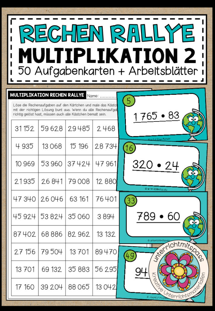 RECHEN RALLYE (Multiplikation 2) – 50 Kärtchen + Arbeitsblätter