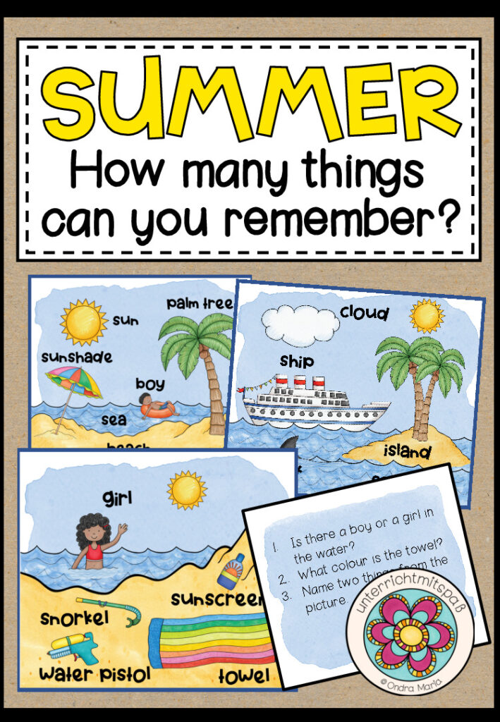SUMMER – How many things can you remember? (16 Mini-Wimmelbildchen mit Fragen auf der Rückseite)