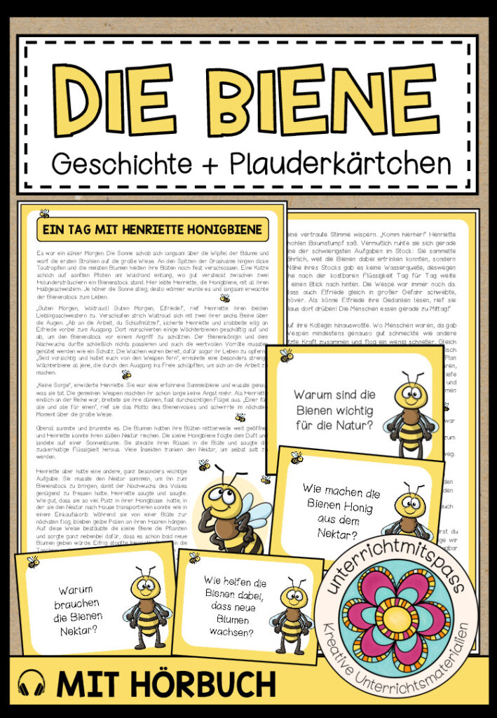 Ein Tag mit Henriette Honigbiene – Geschichte für den Einstieg in das Thema “die Biene” (mit Plauderkarten + Hörbuch)