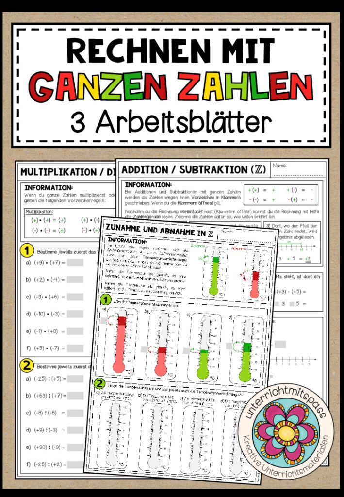 RECHNEN MIT GANZEN ZAHLEN – 3 Arbeitsblätter
