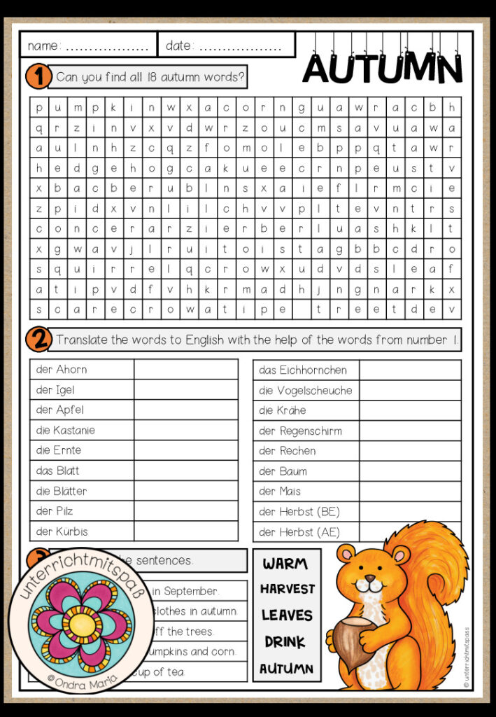 Autumn / Fall words – Worksheet