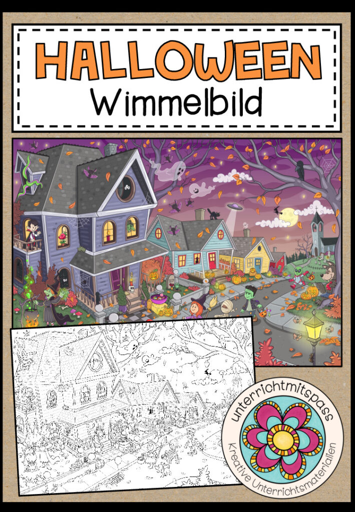 HALLOWEEN – Wimmelbild + Arbeitsblätter (für alle Sprachen geeignet)