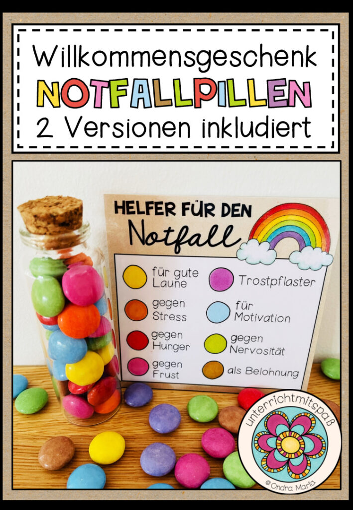 Willkommensgeschenk / Willkommensgruß für den Schulanfang – Notfallpillen (Schokolinsen)