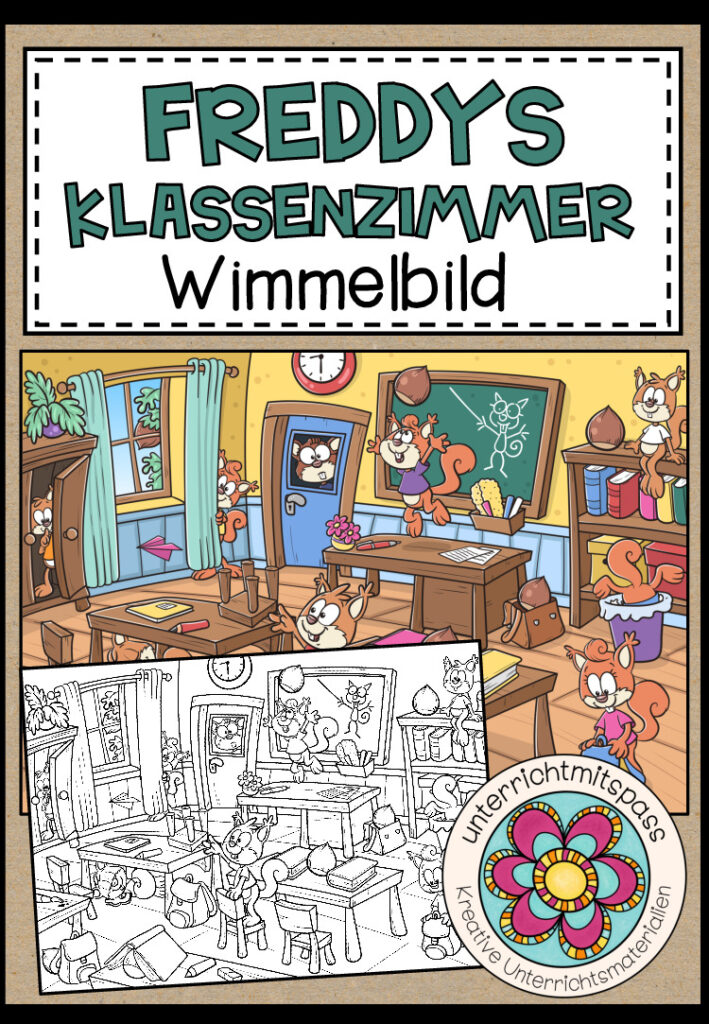 FREDDYS KLASSENZIMMER – Wimmelbild + Arbeitsblätter (für alle Sprachen geeignet)