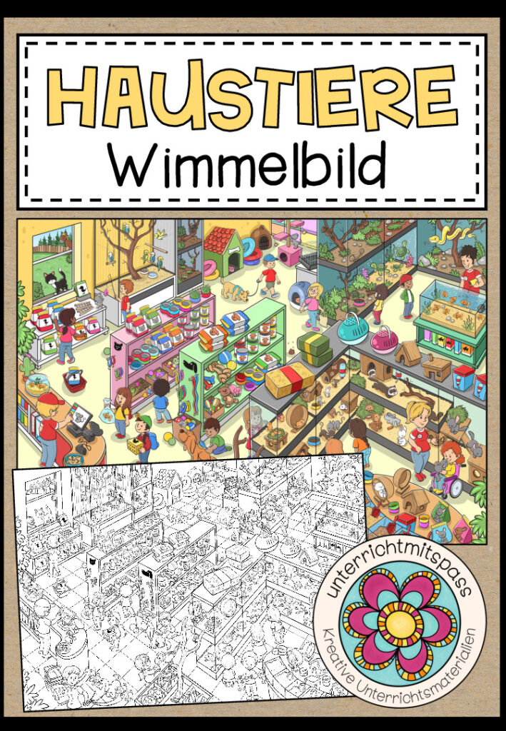 HAUSTIERE – Wimmelbild + Arbeitsblätter (für alle Sprachen geeignet)