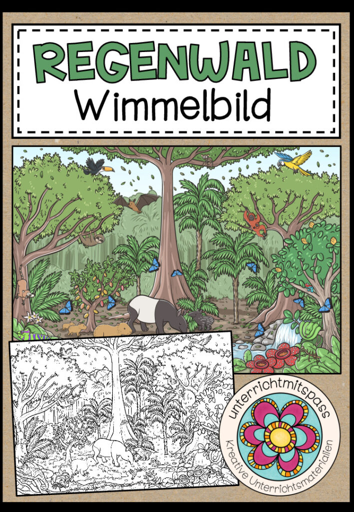 IM REGENWALD – Wimmelbild + Arbeitsblätter (für alle Sprachen geeignet)