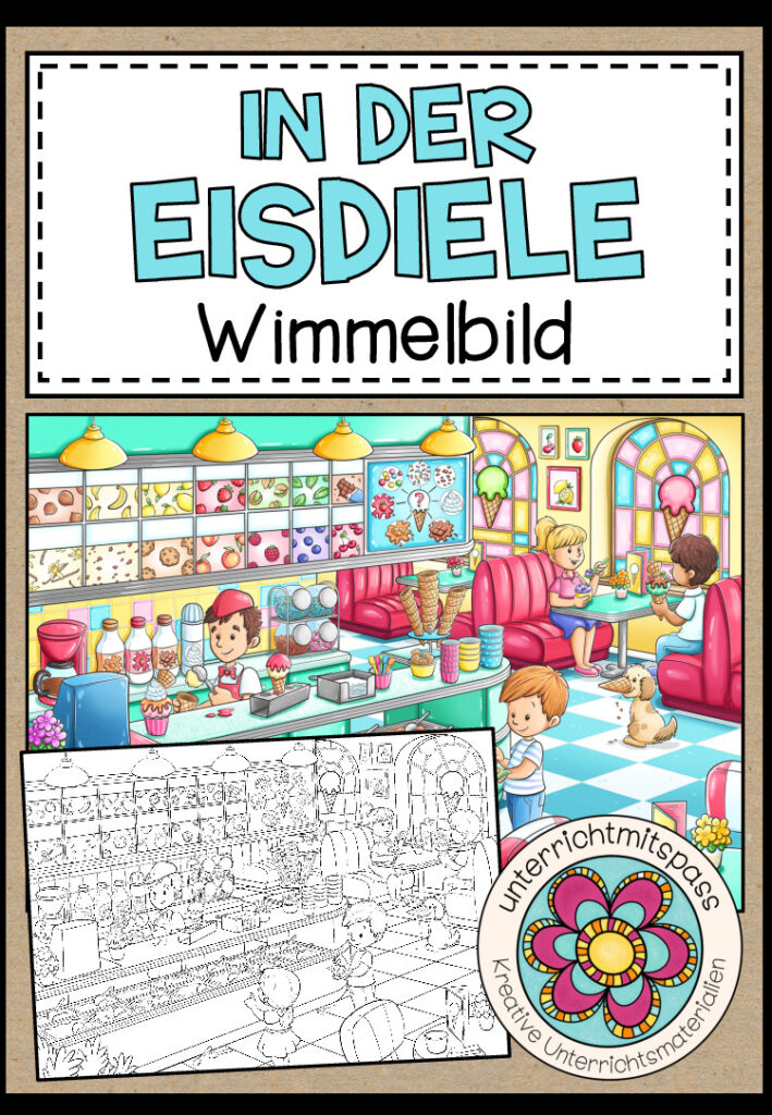 IN DER EISDIELE – Wimmelbild + Arbeitsblätter (für alle Sprachen geeignet)