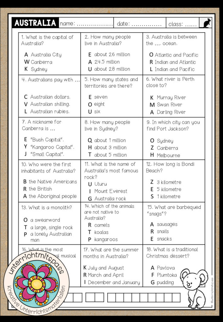 AUSTRALIA – Quiz (Worksheet)