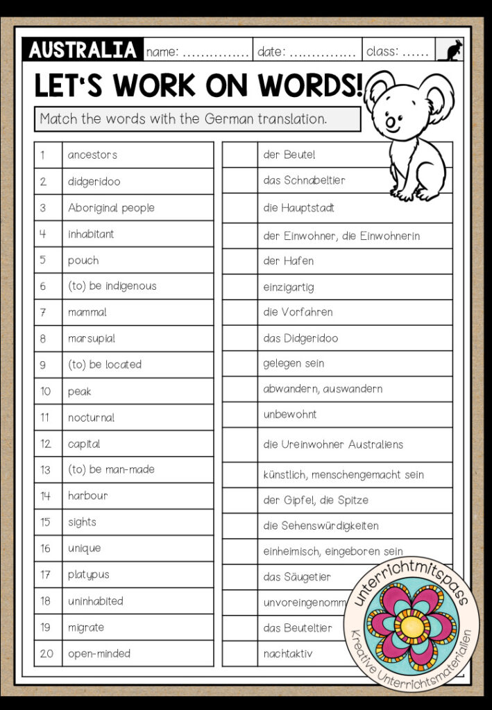 AUSTRALIA – Vocabulary Worksheet (Definitions)