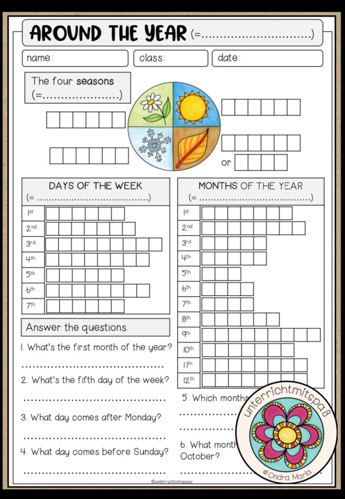 Around the year Worksheet – months, days of the week, seasons (2-fach differenziert)