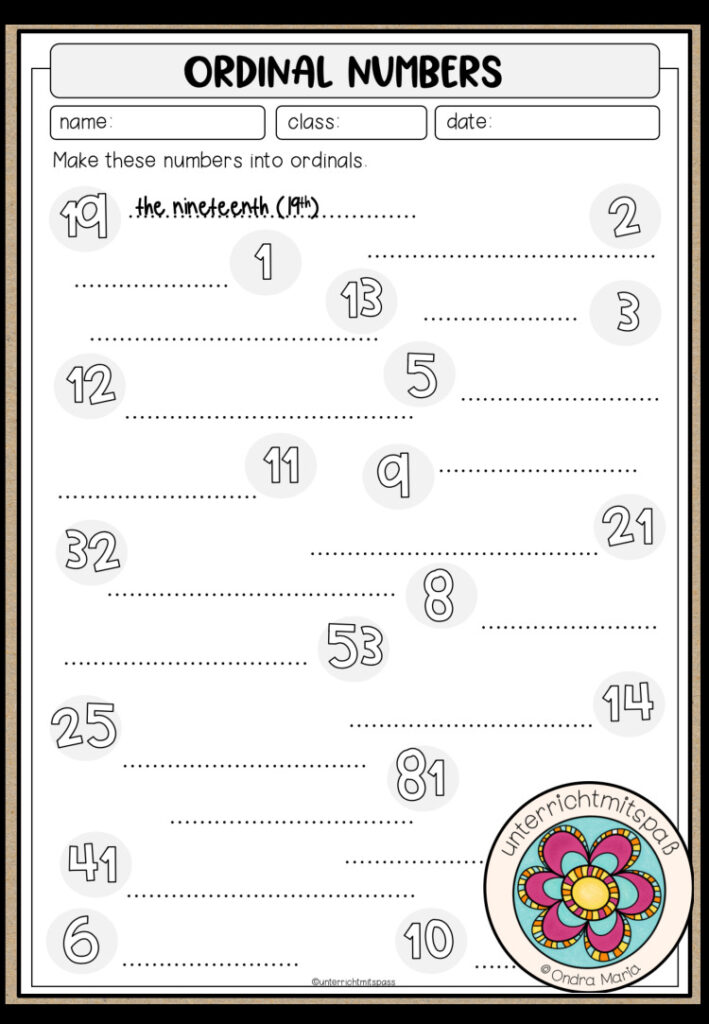 Ordinal numbers – Worksheet