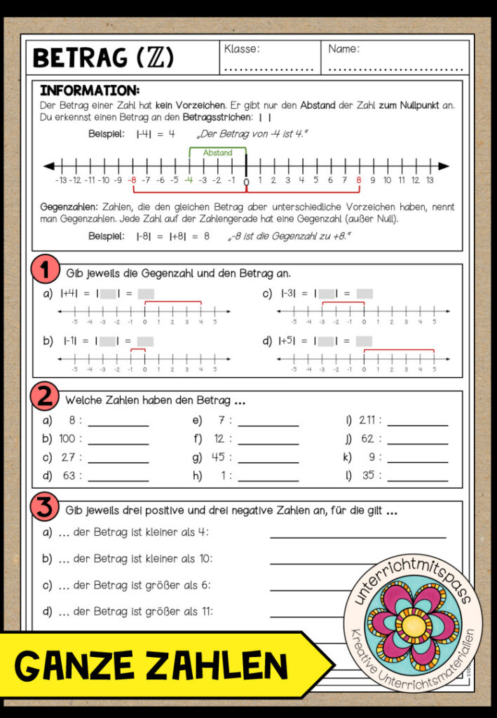 GANZE ZAHLEN (Betrag) – Arbeitsblatt