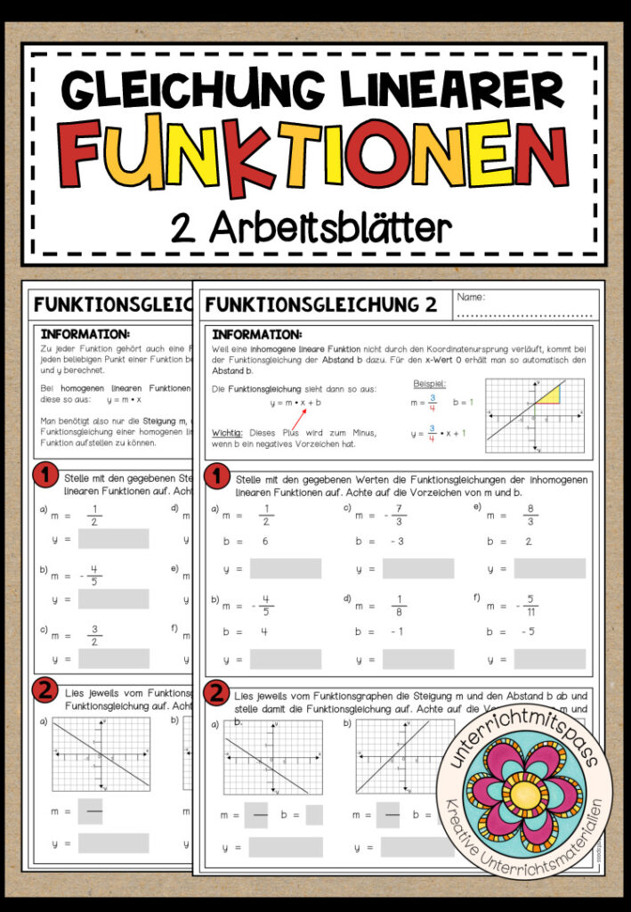LINEARE FUNKTIONEN (Gleichung) – 2 Arbeitsblätter