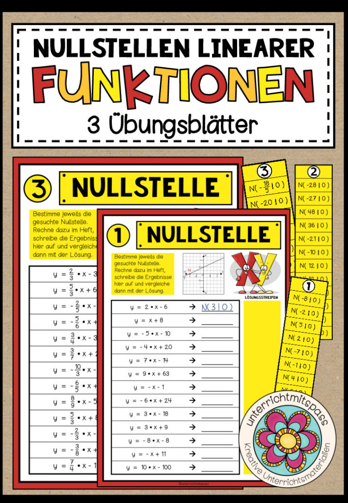 LINEARE FUNKTIONEN (Nullstelle) – 3 Übungsblätter