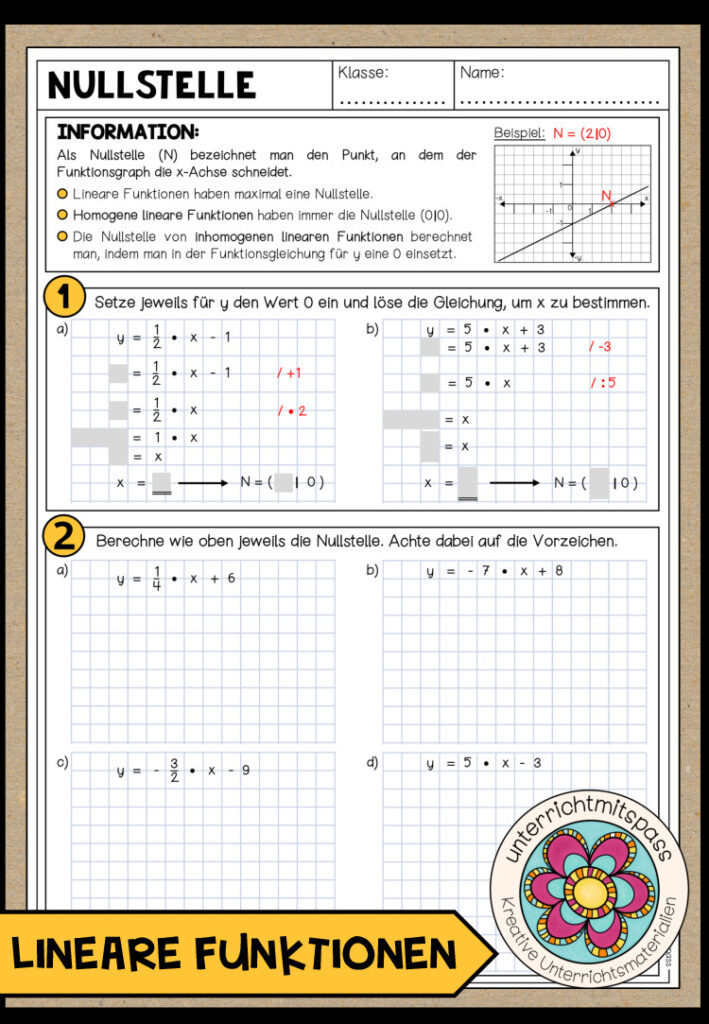 LINEARE FUNKTIONEN (Nullstelle) – Arbeitsblatt