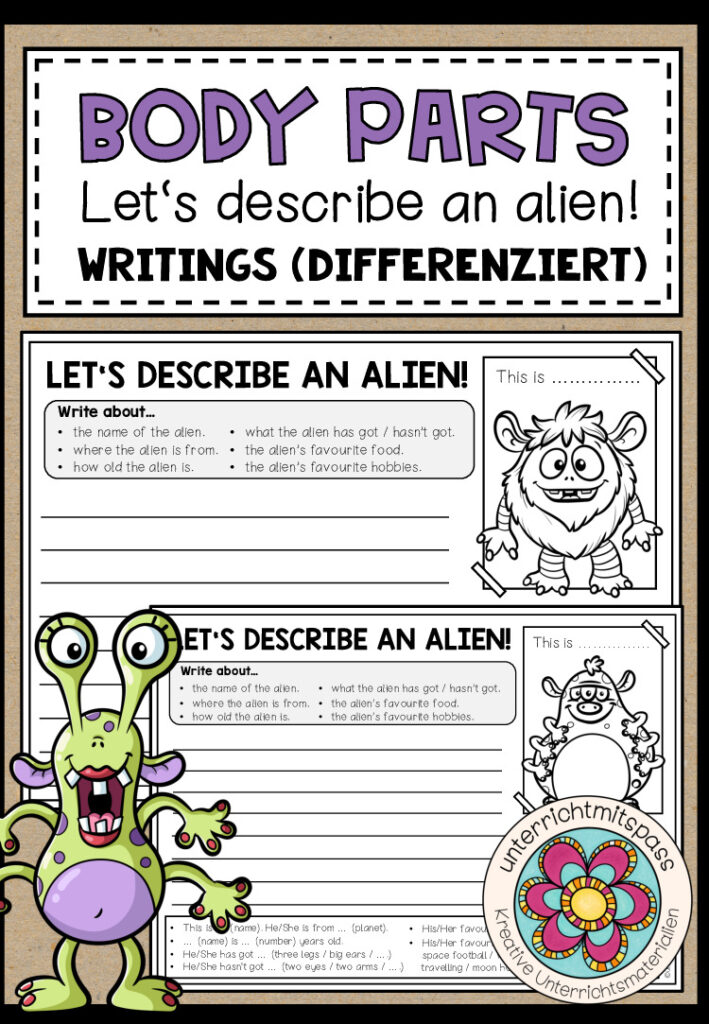 BODY PARTS – Writing (Let’s describe an alien!) – 10 verschiedene Aliens (2-fach differenziert)