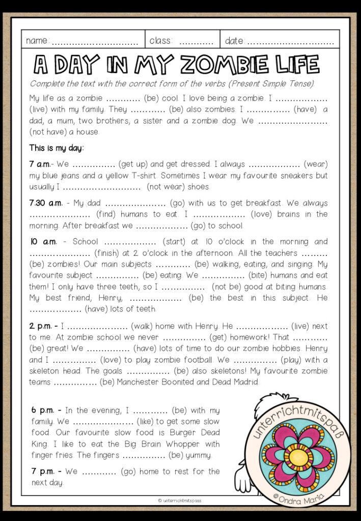 A Day in my Zombie Life – Grammar Worksheet (Present Simple)
