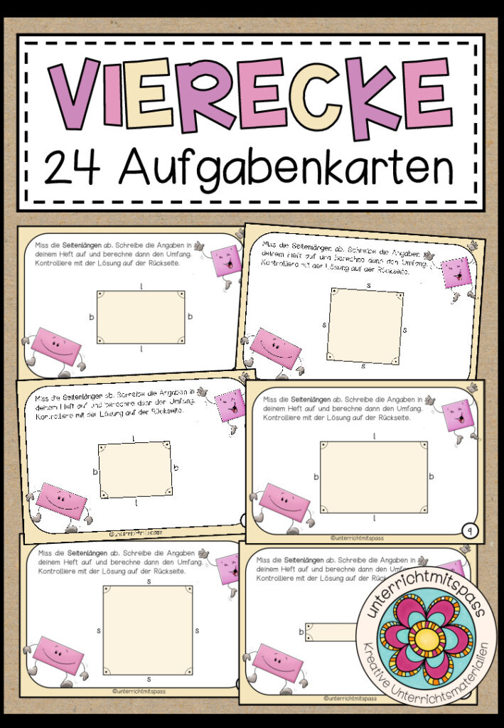 VIERECKE (für die Grundschule) – 24 Aufgabenkärtchen (Umfang)
