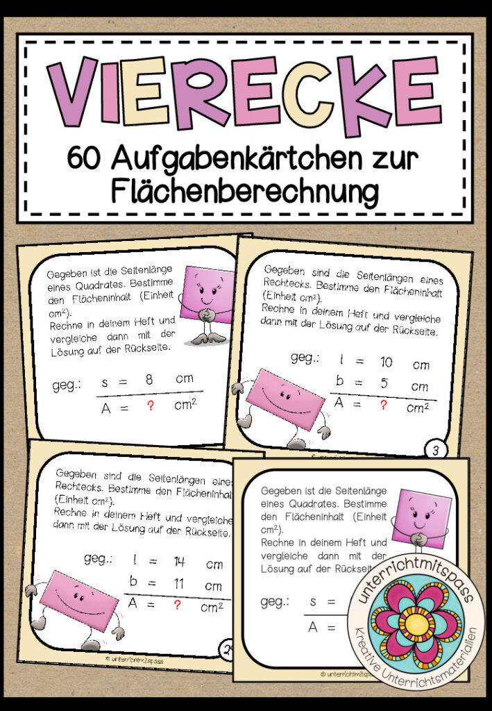 VIERECKE (für die Grundschule) – 60 Aufgabenkärtchen (Fläche)
