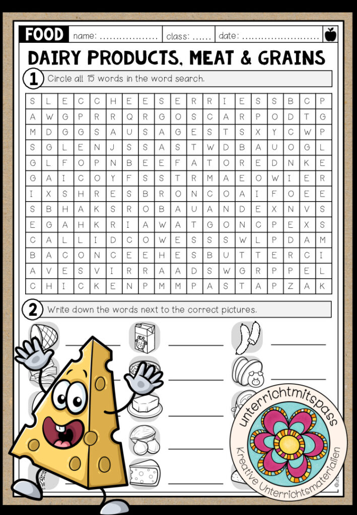 Dairy Products, Meat & Grains – Word Search