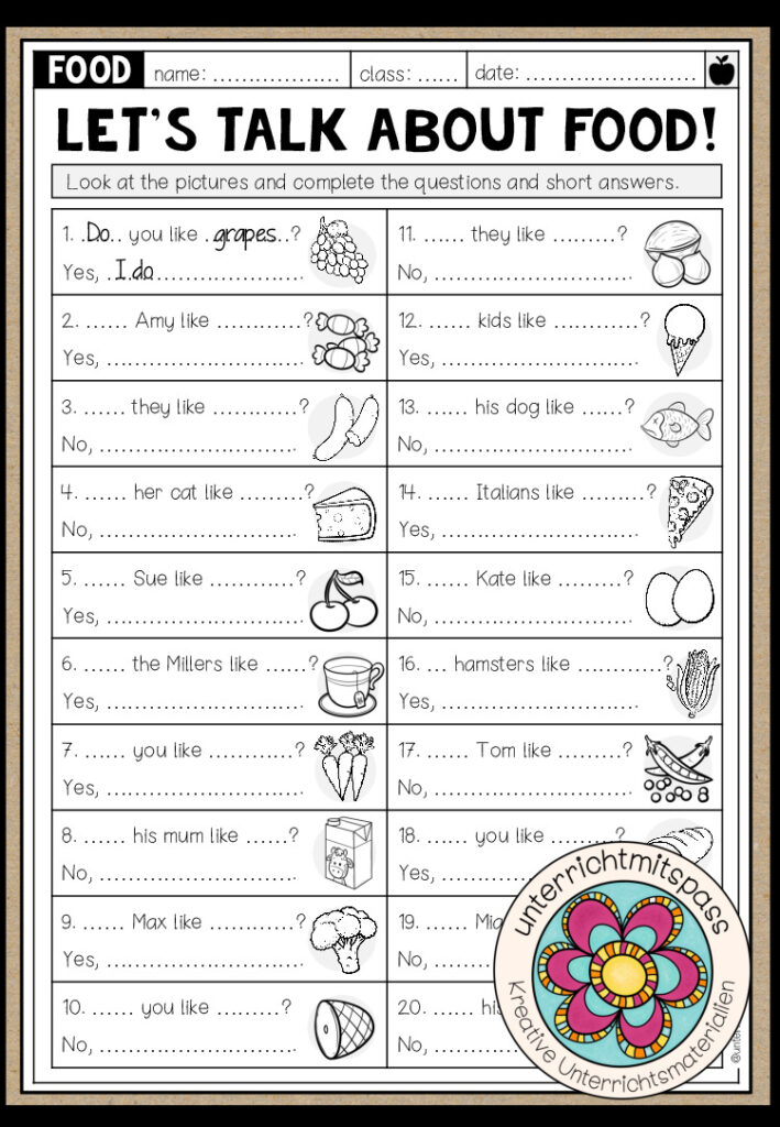 Let’s talk about food! – Worksheet (Fragen & Kurzantworten mit DO und DOES)