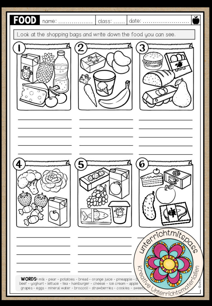 What’s in my shopping bag? (Food) – Worksheet (4-fach differenziert)