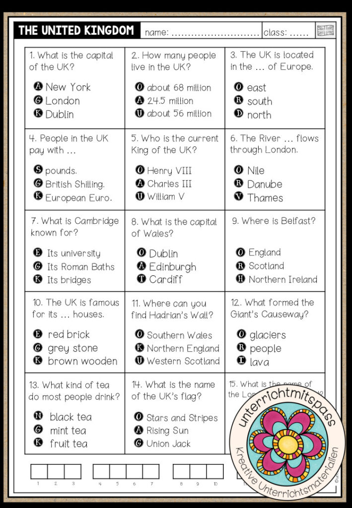 THE UNITED KINGDOM – Quiz (Worksheet)